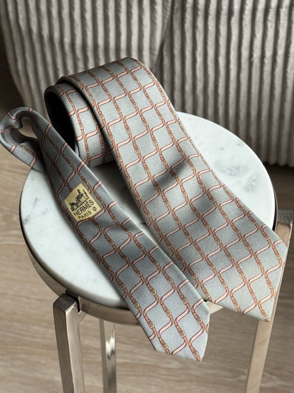 Hermes Silk Equestrian Buckle Print Silver Gray Blush Brown